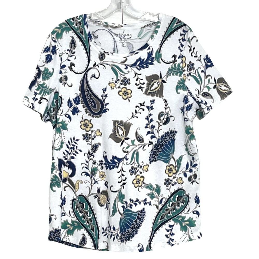 Chico's Womens Paisley Floral T-Shirt 3 US XL/16 Short Sleeve Scoop Neck Boho